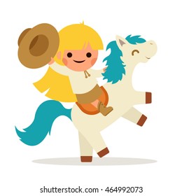 Little Happy Girl Ride Horse Pony Cowboy Cowgirl Waving Hat Symbol Smiling Child Concept Isolated Flat Design Vector Illustration