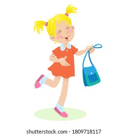 Little happy girl with a school bag in her hand. In cartoon style. Isolated on white background. Vector flat illustration