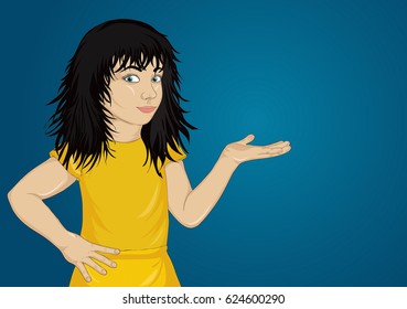 Little happy girl showing or offering something on empty space. Gestures empty open palm. Vector. Portrait of a child isolated on blue background.
