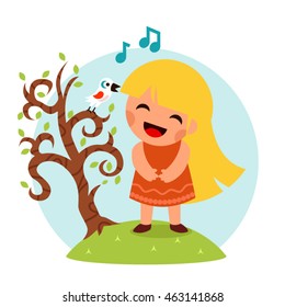 Little Happy Girl Sing Bird Tree Smiling Child Icon Concept Isolated Flat Design Vector Illustration