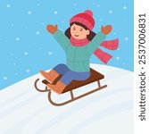 Little happy  girl  are sledding from snow hills. Winter fun. Vector illustration