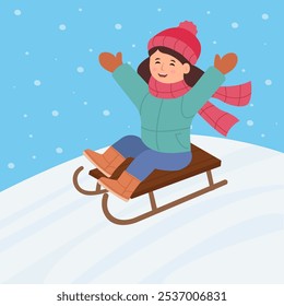 Little happy  girl  are sledding from snow hills. Winter fun. Vector illustration