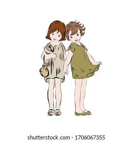 Little happy girlfriends in retro style dressed in dress stand together and hold hands. 