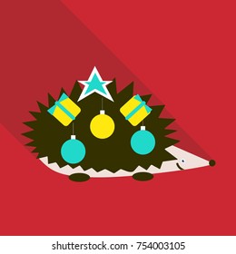 Little happy hedgehog icon with small spruce and Christmas decorations on neck. Vector illustration with wild barbed animal on white background