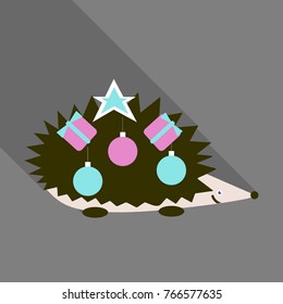 Little happy hedgehog icon with small spruce and Christmas decorations on neck. Vector illustration with wild barbed animal on white background