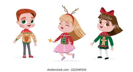 little happy kids in christmas sweators on the white background