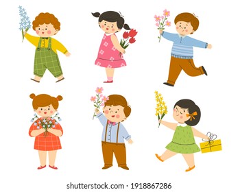 Little happy kids give flowers. Smiling girls and boys with spring bouquets. Cute baby characters in flat cartoon style on white background