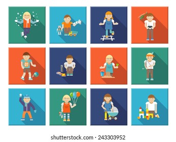 Little happy kids playing outdoor icons set isolated vector illustration