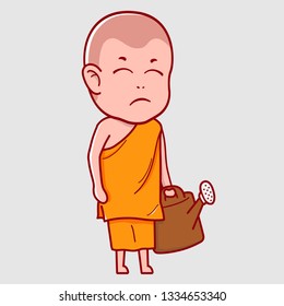 Little happy monk in the orange robe. Cartoon.