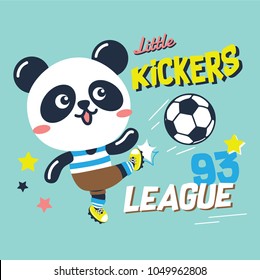 Little happy panda bear playing football at yard, cartoon character. Vector hand drawn illustration