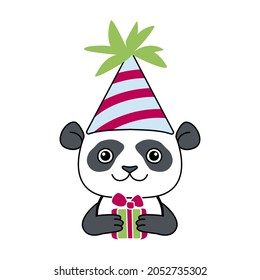 Little happy panda in birthday cone hat holding present box. Cute chiness cartoon character for decoration, design birthday, greeting card,invitation, poster, party.Doodle vector illustration.
