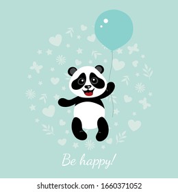Little happy panda is flying on a balloon. Illustration for children.
