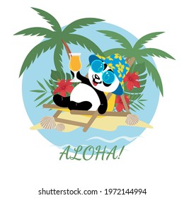 Little happy panda sunbathes on the beach. Illustration for children. Design for print, flyer, banner, postcard.
