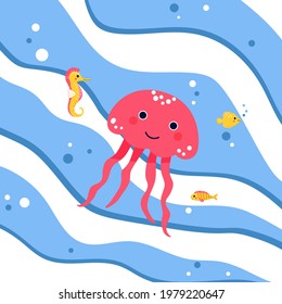 Little happy pink jellyfish, seahorse and fish swim in the sea waves. Cute children's cartoon illustration of the underwater world.