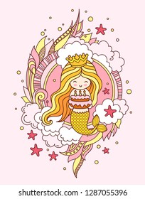 Little happy princess mermaid, holding a birthday cake. Cute cartoon character. Vector illustration for postcard, invitation, poster, print, banner.