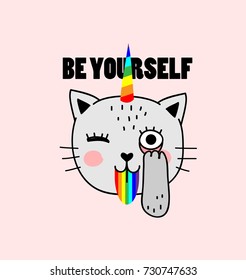 little happy smiling cat with an unicorn horn, eye closed and showing tongue, girlish childish retro style isolated illustration for textile,wall art,t-shirts,icons, stickers,inscription:"be yourself"