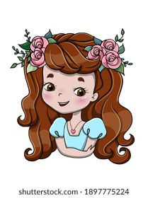 Little happy smiling cute redhead girl with long hair and a wreath of flowers on her head. Cartoon vector illustration for baby shower, greeting card, party invitation, fashion clothes t-shirt print.