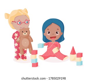 Little happy toddler plays bricks and builds castle. Little girl in eyeglasses hugs her teddy bear and look after her sister. Children play together. Vector isolated objects.