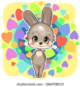 Little Hare. Rabbit Cub. Cute Funny Animal On An Abstract Background With Hearts. Child. Cartoon Style. Isolated On White. Vector