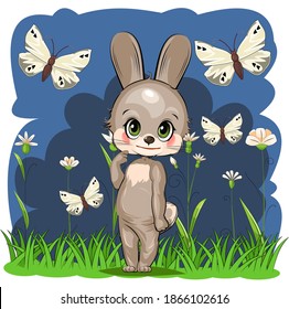 Little Hare. Rabbit Cub. Cute Funny Animal On The Background Of A Summer Blooming Meadow. Child. Cartoon Style. Isolated On White. Vector