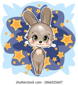 Little Hare. Rabbit Cub. Cute Funny Animal On An Abstract Background With Stars. Child. Cartoon Style. Isolated On White. Vector