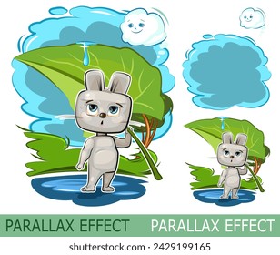 Little hare and rain. Set of slides for parallax effect. Isolated on white background. Funny cartoon style. Picture vector