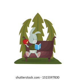 little hare is reading a book while sitting on a bench, vector illustration