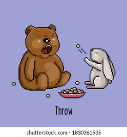 The Little Hare Throws Sweets Into The Funny Bear's Mouth. Vector Illustration Of Cute Forest Animals In The Old 8 Bit Pixel Style. A Brown Bear And A Gray Hare Eat Delicious Food From A Pink Plate.