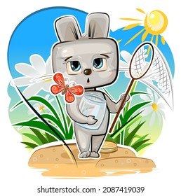 Little Hare wants to catch a butterfly. Funny comic child of rabbit animal. Summer meadow with flowers. Cute cartoon style. Childrens illustration clipart is isolated on a white background. Vector