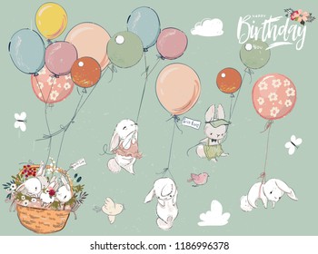 Little hares collection with balloon