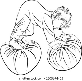 Little harlequin playing with two inflatable balls