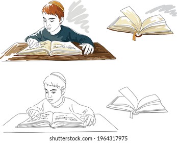 Little Hasidic Jewish boy studying. Vector illustration.