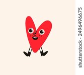 Little Heart with legs and shoes. Happy mood, smiley face emotion. Cartoon style. Cute funny character. Hand drawn Vector illustration. Love, Valentine's day, romance concept. Isolated design element