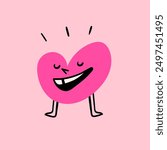 Little Heart with legs and shoes. Happy mood, smiley face emotion. Cartoon style. Cute funny character. Hand drawn Vector illustration. Love, Valentine