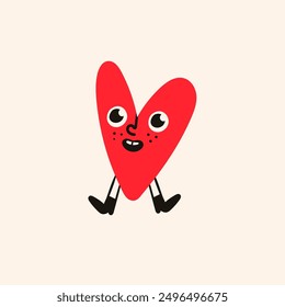 Little Heart with legs and shoes. Happy mood, smiley face emotion. Cartoon style. Cute funny character. Hand drawn Vector illustration. Love, Valentine's day, romance concept. Isolated design element