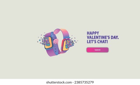a lot of little hearts fly out of a pair of colored smart watches. Vector banner