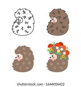 Little hedgehog. 4 illustrations of cute hedgehogs: black-n-white, outlined, flat and decorated with flowers. Vector 8 EPS.