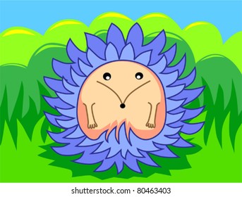 little hedgehog with blue spikes is sitting on a green meadow