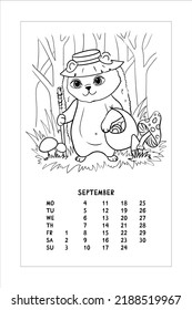 Little Hedgehog collects mushrooms. Camping in the woods. Coloring book for children. Vector illustration isolated on white background. Calendar, September.