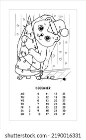 Little Hedgehog decorates the Christmas tree. The animal is preparing for the holidays. Coloring book for children. Vector illustration isolated on white background. Calendar, December 2023.