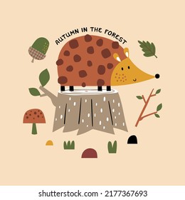 little hedgehog drawn with forest icons as vector for tee print