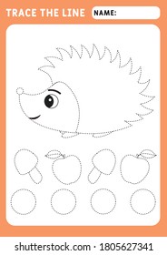 Little hedgehog. Fine motor skills preschool worksheet - dotted lines. Trace sheet. Illustration and vector outline - A4 paper, ready for printing.