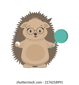 Little hedgehog goes in for sports and plays table tennis. Healthy lifestyle, physical culture, sport. Cute character for children's sports section.