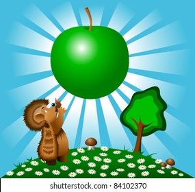 little hedgehog and a huge apple on blue sky background (vector illustration);