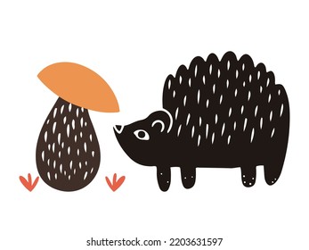 Little hedgehog and a mushroom, linocut style vector illustration, isolated on white background