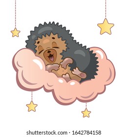little hedgehog sleeps on a cloud for children