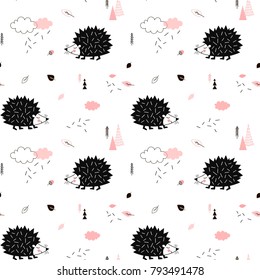 little hedgehog walking in the forest, seamless pattern, Scandinavian design