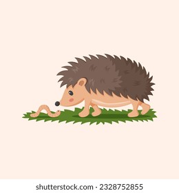 Little hedgehog and worm. Forest animal and insect. Wildlife or zoo adorable creatures. Baby animal nursery decor or childish print. Porcupine character vector cartoon flat isolated illustration