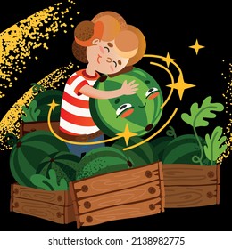 Little hero girl with watermelon happy mascot