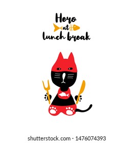 Little hero at lunch break slogan print for t-shirt, banner, poster, greeting card. Funny black cat in red super hero costume, knife and fork on white background. Vector flat baby graphic illustration